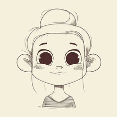 a drawing of a woman's face with big eyes and a bun on her head