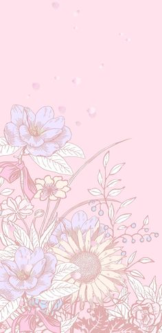 a pink background with flowers and leaves on it