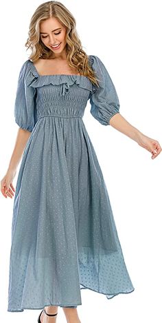 R.Vivimos Women Summer Half Sleeve Cotton Ruffled Vintage Elegant Backless A Line Flowy Long Dresses (Medium, Haze Blue-1) at Amazon Women’s Clothing store Coquette Style Outfits, Long Frocks For Women, Mama Clothing, Beach Picture Outfits, Dresses Cottagecore, Outfit Coquette, Flowy Dress Long, Coquette Outfit, Skirts Casual