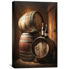 an oil painting of wine barrels and a bottle