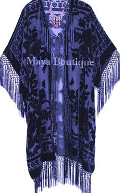 Navy Blue Silk Burnout Velvet Fringe Jacket Kimono Duster Maya | Etsy Blue Long Sleeve Outerwear With Tassels, Blue Tasseled Outerwear For Fall, Fitted Bohemian Outerwear With Tassels, 1920s Inspired Outfit, Silk Duster, Velvet Fringe, Jacket Cape, Velvet Kimono, Fringe Kimono