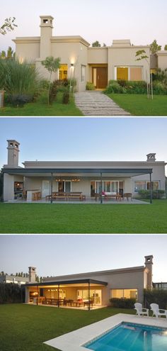 three different views of a modern house with swimming pool