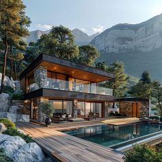 a modern house with a pool in the foreground and mountains in the back ground