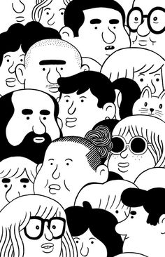 black and white drawing of many people with different facial expressions