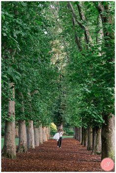 a person walking down a dirt road surrounded by trees