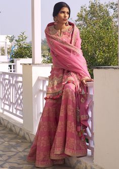 Rar Studio-Pink Chanderi Sharara Set-INDIASPOPUP.COM Salwar Neck Designs, Punjabi Salwar, Organza Lehenga, Sharara Gharara, Indian Designer Suits, Indian Party, Indian Party Wear, Desi Clothes, Fabulous Clothes