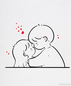 a drawing of a child and an adult hugging with hearts coming out of the background