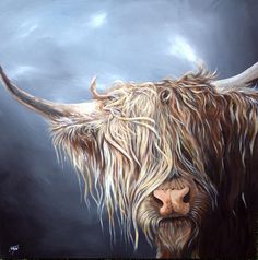 a painting of a long haired cow with horns