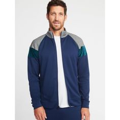 Old Navy Go-Dry Color Block Velour Trim Track Jacket Mens Contrasting Standing Collar. Long Raglan Sleeves, With Three Contrasting Color Blocks And Plush Velour Panels And Piping. Zippered Hand-Warming Pockets, With Breathable Mesh Pocket Lining. Banded Hem. Full-Length Zip Front From Hem To Chin. Go-Dry Moisture-Wicking Technology Keeps You Dry & Comfortable. Breathable Tricot Jersey. Tag-Free Label Inside Back Neck For Added Comfort. Color Block Long Sleeve Track Jacket For Fall, Fall Color Block Track Jacket With Long Sleeves, Fall Color Block Long Sleeve Track Jacket, Casual Color Block Outerwear For Sports, Long Sleeve Color Block Outerwear For Sports, Color Block Long Sleeve Outerwear For Sports, Navy Color Block Sporty Outerwear, Color Block Long Sleeve Outerwear, Fall Color Block Outerwear In Athleisure Style