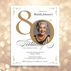 an 80th birthday party card with the number eight on it and a golden background