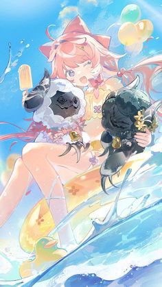 an anime character is holding a dog in the water with balloons floating around her and she looks like she's having fun