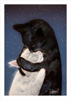 a painting of a black and white cat hugging it's face with stars in the background