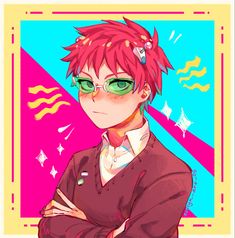 an anime character with red hair and green glasses, standing in front of a colorful background