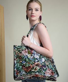 tote bag bag Green Floral Print Travel Bag, Green Floral Print Shoulder Bag, Green Floral Print Tote Bag, Green Floral Print Rectangular Bag, Green Rectangular Bag With Rolled Handles, Everyday Green Floral Print Shoulder Bag, Everyday Green Shoulder Bag With Floral Print, Green Shoulder Bag With Rolled Handles For Travel, Tapestry Tote Bag For Daily Use