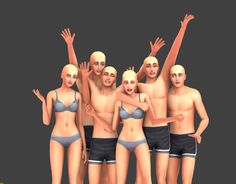 a group of people standing next to each other in swimsuits with their arms up