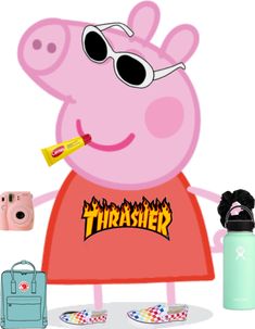 peppa pig with sunglasses and other items surrounding it