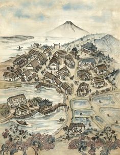 an illustration of a village in the middle of a mountain range with houses on it