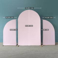 three pink arches are shown with measurements for each one and the other side by side