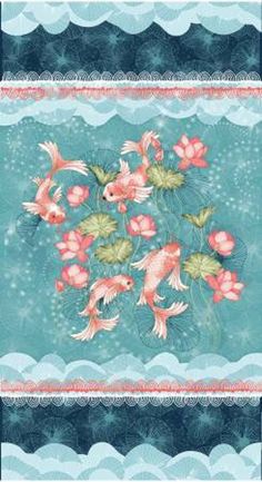 a blue and green wallpaper with pink flowers on the bottom, fish in the middle