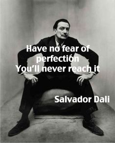 a man sitting on top of a chair next to a red and white background with a quote from salvador dalii