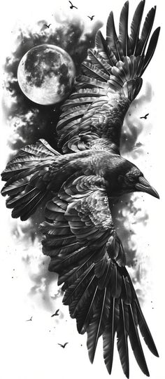 a black and white drawing of a bird flying in the sky with a full moon behind it