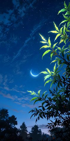 the moon is shining brightly in the night sky above some trees and bushes with leaves on it