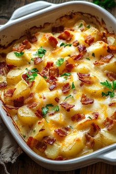 a casserole dish with potatoes, bacon and parsley in it on a wooden table