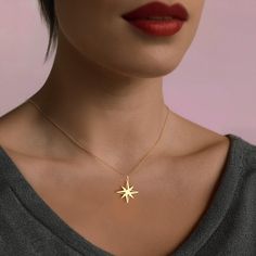 This North Star necklace features a beautifully designed celestial star symbol, perfect for those who seek guidance and adventure. Crafted in sterling silver or gold plated, this elegant pendant is ideal for travel lovers, explorers, and anyone drawn to the stars. Our handmade silver necklaces make wonderful and delicate gifts for you.  Materials: -High Quality 925 Sterling Silver -18k Gold Plated Silver -18k Rose Gold Plated Silver Colors: -Gold -Rose Gold -Silver Please choose from options tag, if you would like a different color than the one shown in our pictures Packaging: All necklaces are carefully packaged and sent in a special gift box. We hope you find the perfect personalized necklace in our store. For more examples, please visit our store. Ordering Process: -Choose your preferre Celestial Starburst Necklace With Star Charm, Celestial Jewelry With Starburst Star Charm, Celestial Star-shaped Jewelry With Compass Design, Celestial Star Of David Necklace With Star Charm, Star-shaped Compass Necklace As A Gift, Star-shaped Compass Necklace As Gift, Star-shaped Compass Design Necklace For Gift, Star-shaped Compass Necklace Gift, Star-shaped Compass Design Necklace As Gift