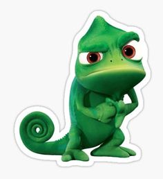 a green chamelon sticker with big eyes