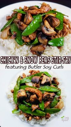 chicken and snow peas stir fry on top of white rice with green peppers in the middle