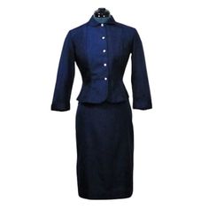 Fitted Single-breasted Skirt Suit For Semi-formal Occasions, Fitted Blue Skirt Suit For Semi-formal Occasions, Vintage Blue Skirt Suit For Formal Occasions, Fitted Semi-formal Skirt Suit With Buttons, Vintage Fitted Blue Suits, Blue Fitted Vintage Suit, Fitted Vintage Blue Suits, Fitted Lined Skirt Suit For Workwear, Vintage Fitted Skirt Suit For Work