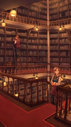 two people standing on top of a staircase in front of a library filled with books