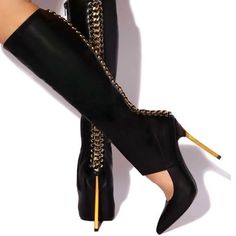 Black Sexy Cut Out Stiletto Heel Knee High Boots with Metal Chains|FSJshoes Gold Stiletto Heels, Trending Heels, Black High Heel Boots, Knee High Heels, Stunning Shoes, High Heel Boots Knee, Out Back, Fashion High Heels, Black High Heels