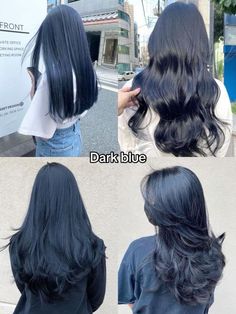 Colored Tips Hair Brunette, Blueberry Black Hair, Dark Blue Hair Color, Deep Blue Hair, Hair Color Dark Blue, 2024 Hair Trends For Women, 2024 Hair Trends, Dark Blue Hair