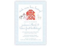 the farm animals birthday party card is shown in red, white and blue with an image of