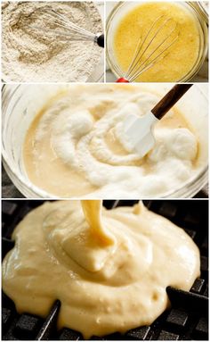 four pictures showing how to make the batter for cake