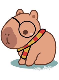 a cartoon pig with glasses and a scarf around its neck, sitting on the ground