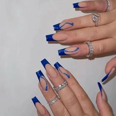 Nails 2023 Trends Coffin Shape, Royal Blue Nails Acrylic Coffin, Acrylic Nails With Blue Design, Blue Acrylics With Design, Blue Nail Ideas Coffin, Blue Prom Acrylic Nails, Royal Blue Acrylic Nails Medium Length, Long Blue Nail Ideas, Navy Prom Nails Acrylic