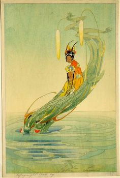 an illustration of a woman sitting on top of a boat in the middle of water