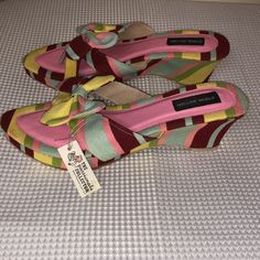 Mellow World Striped Sandals With Clip On Removable Bow Sz 8 Adorable. Wedge Heel. Colorful And Fun Pattern: Pink Light Blue Green Yellow And Burgundy Stripe. Denim/Cloth. Soft Foot Bed. Tag Says 7 But Soles Are Stamped Size 8. Some Dye Transfers/Imperfections. Priced Accordingly. See Photos. New, Never Worn. Retro Summer Sandals With Flat Heel, Retro Beach Wedge Sandals For Spring, Retro Wedge Sandals For Beach In Spring, Retro Spring Wedge Sandals For Beach, Retro Open Toe Wedge Sandals For Beach, Retro Summer Flat Heels, Retro Wedge Sandals For Beach, Casual Multicolor Slip-on Heels, Retro Wedge Heel Beach Sandals