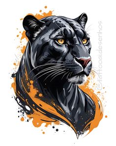 a black tiger with yellow eyes and orange spots on it's chest, in front of an orange background