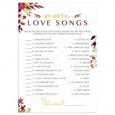 Movie Love Songs Matching Game Printable by LittleSizzle Wedding Song For Garter Toss, Bridal Shower Love Song Game, Autumn Theme Party, Bridal Jeopardy, Shower Song, Bridal Party Games, Song Titles, Fun Bridal Shower Games, Baby Sprinkle Invitations