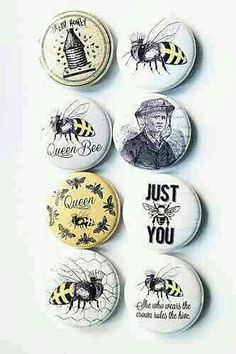 six buttons with bees on them that say queen bee, queen bee, queen bee and queen bee