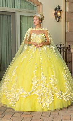 Yellow long a-line quinceanera ball gown with removable cape and sweetheart strapless neckline. Yellow Quinceanera Dresses, Long Cape, Short Dress Styles, Beauty Features, Exquisite Gowns, Dresses Quinceanera, Body Measurement, Quinceanera Dress, Yellow Wedding