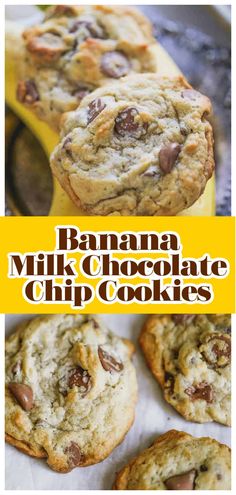 banana milk and chocolate chip cookies on a baking sheet with text overlay that reads, banana milk and chocolate chip cookies