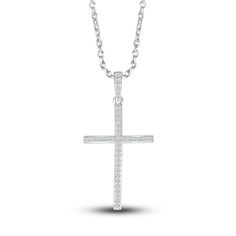 A bold statement of faith, a powerful cross is adorned with brilliant round diamonds in this beautiful women's pendant necklace. Fashioned in sterling silver, the total diamond weight is 1/10 carat and the 18-inch cable chain secures with a lobster clasp White Gold Cross Necklace, Jared The Galleria Of Jewelry, Gold Cross Necklace, Diamond Cross Pendants, Diamond Cross, Jewelry Lookbook, White Necklace, Silver Prices, Gold Cross