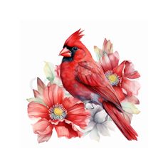 a red bird sitting on top of flowers