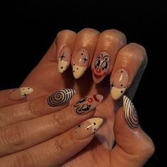 Simple Halloween Nail Art Designs, Saw Inspired Nails, Clown Face Nails, Emo Halloween Nails, Clown Nails Acrylic, Spooky Summer Nails, Chaos Nails, Halloween Clown Nails, Over The Garden Wall Nails