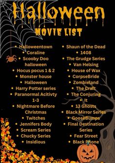 halloween movie list with pumpkins and spider web