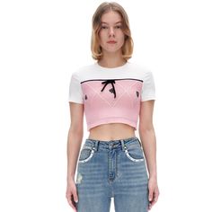 Herlian Pink And White Knit T-shirt Size Chart ( in CM ) Shoulder Chest Length Sleeve S 36.5 78 37.5 18 M 37.5 82 38.5 18.5 L 38.5 86 39.5 19 Material: 100% Cotton; 95% Cotton, 5% Spandex Casual Pointelle Knit T-shirt For Spring, Pink Knit Short Sleeve Tops, Pink Short Sleeve Knit Tops, Pink Knit Tops With Short Sleeves, Pink Knit Top With Short Sleeves, White Fine Knit Short Sleeve Top, Pink Fitted Fine Knit Top, Casual Summer Pointelle Knit T-shirt, Casual Spring Pointelle Knit T-shirt